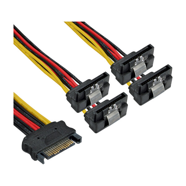InLine® SATA Strom-Y-Kabel, SATA Buchse an 4x SATA Stecker gewinkelt, mit Sicherheitslaschen, 0,15m