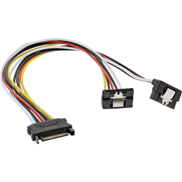 InLine® SATA Strom-Y-Kabel, SATA Buchse an 2x SATA Stecker gewinkelt, mit Sicherheitslaschen, 0,3m