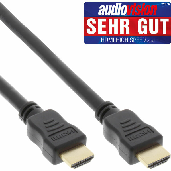 InLine® HDMI Kabel, HDMI-High Speed mit Ethernet, Premium, Stecker / Stecker, schwarz / gold, 1,5m